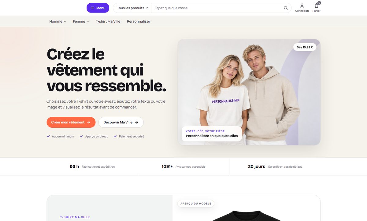 Page d'accueil d'une boutique en ligne de vêtements personnalisés